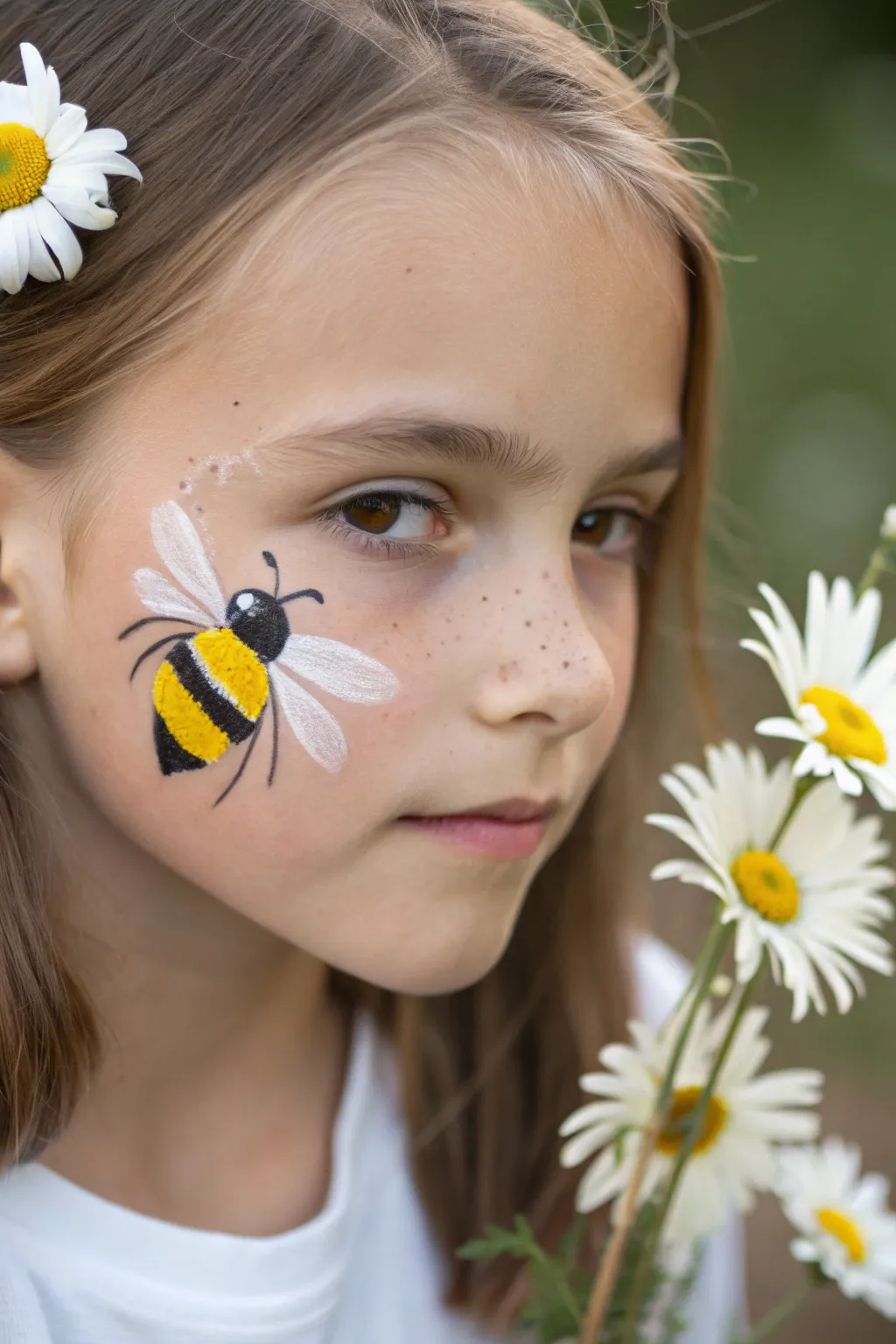 Bumblebee cheek paint with tiny daisy trail, bold yellow and crisp black for a sunny look