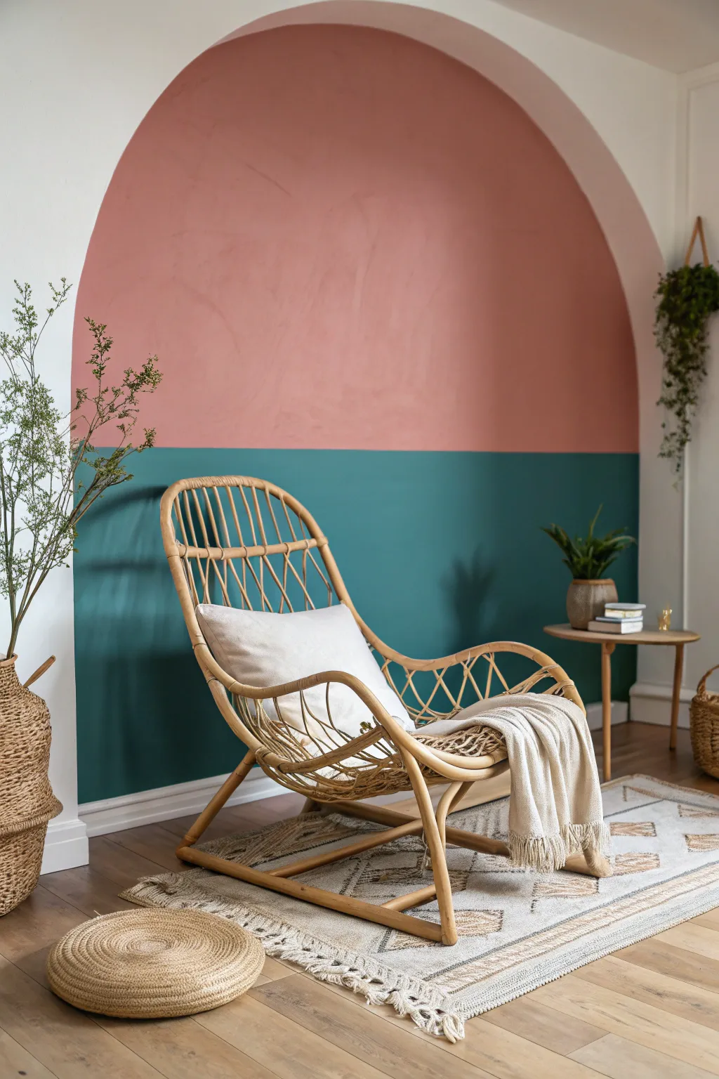 Deep teal color-blocking frames a cozy rattan chair to create a dreamy girls reading corner