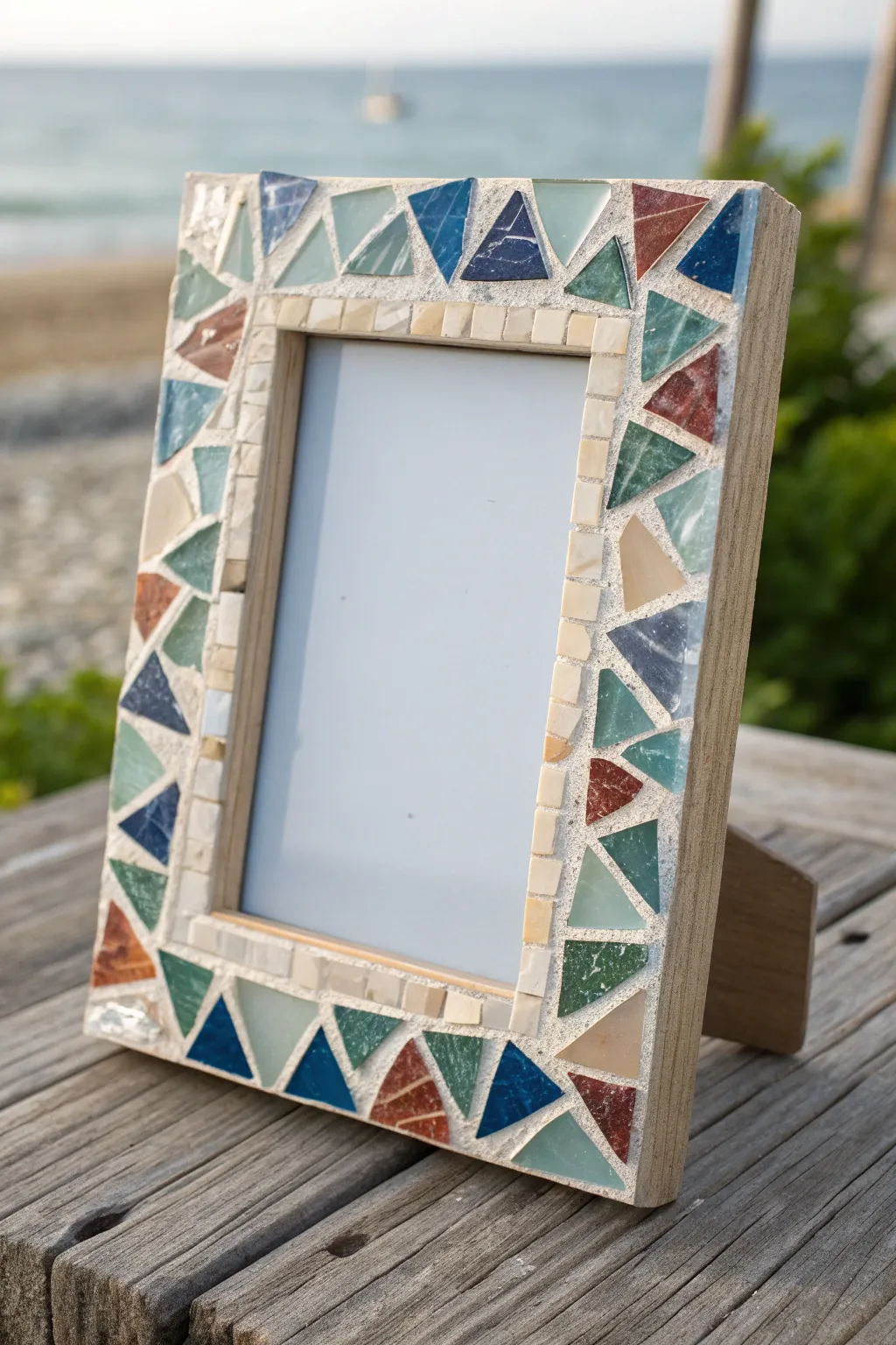 Sparkling glass-on-glass mosaic frame with colorful shards for a minimalist boho statement