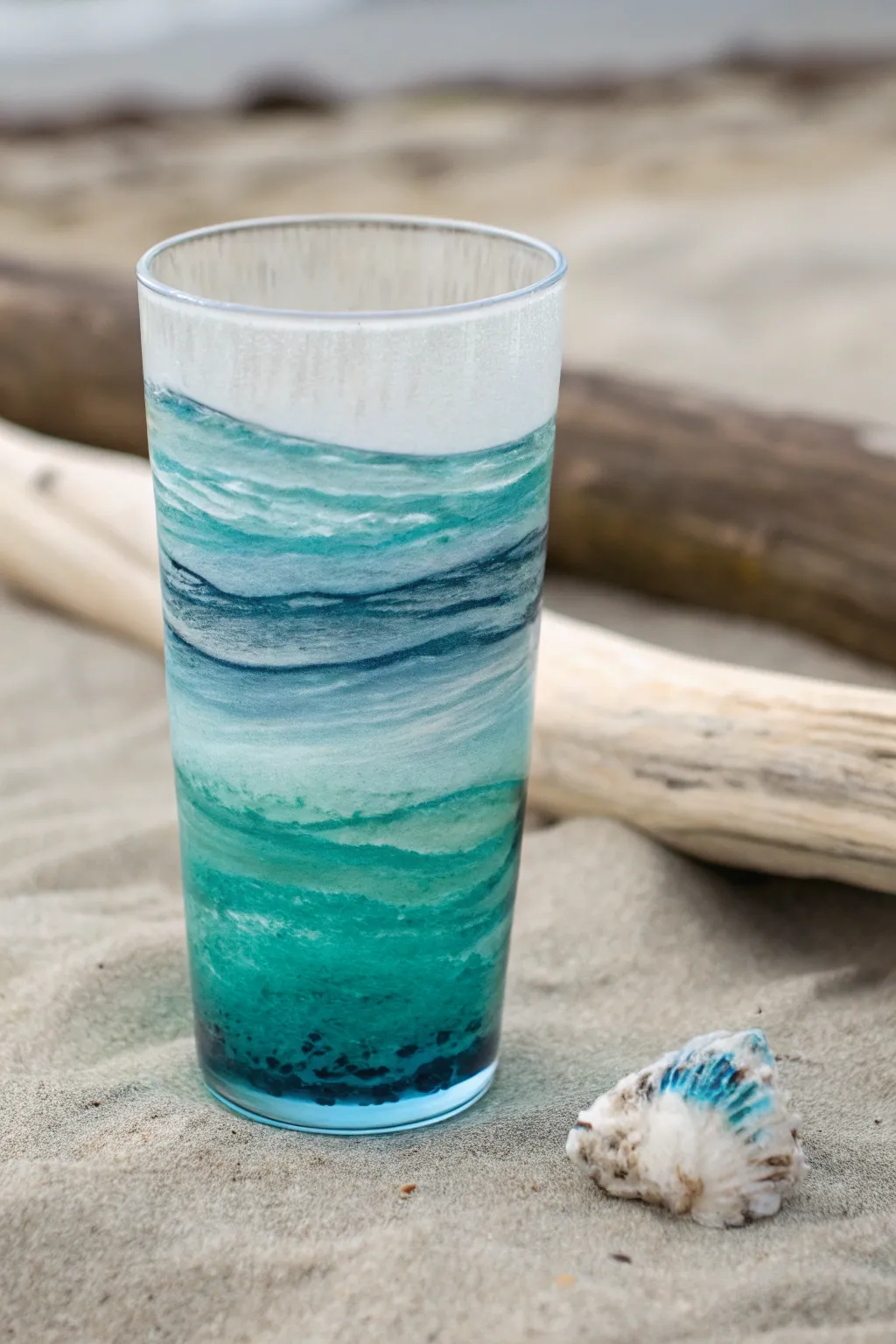 Coastal blues and crisp white wave tips on a handcrafted glass cup, minimalist beachy vibes.