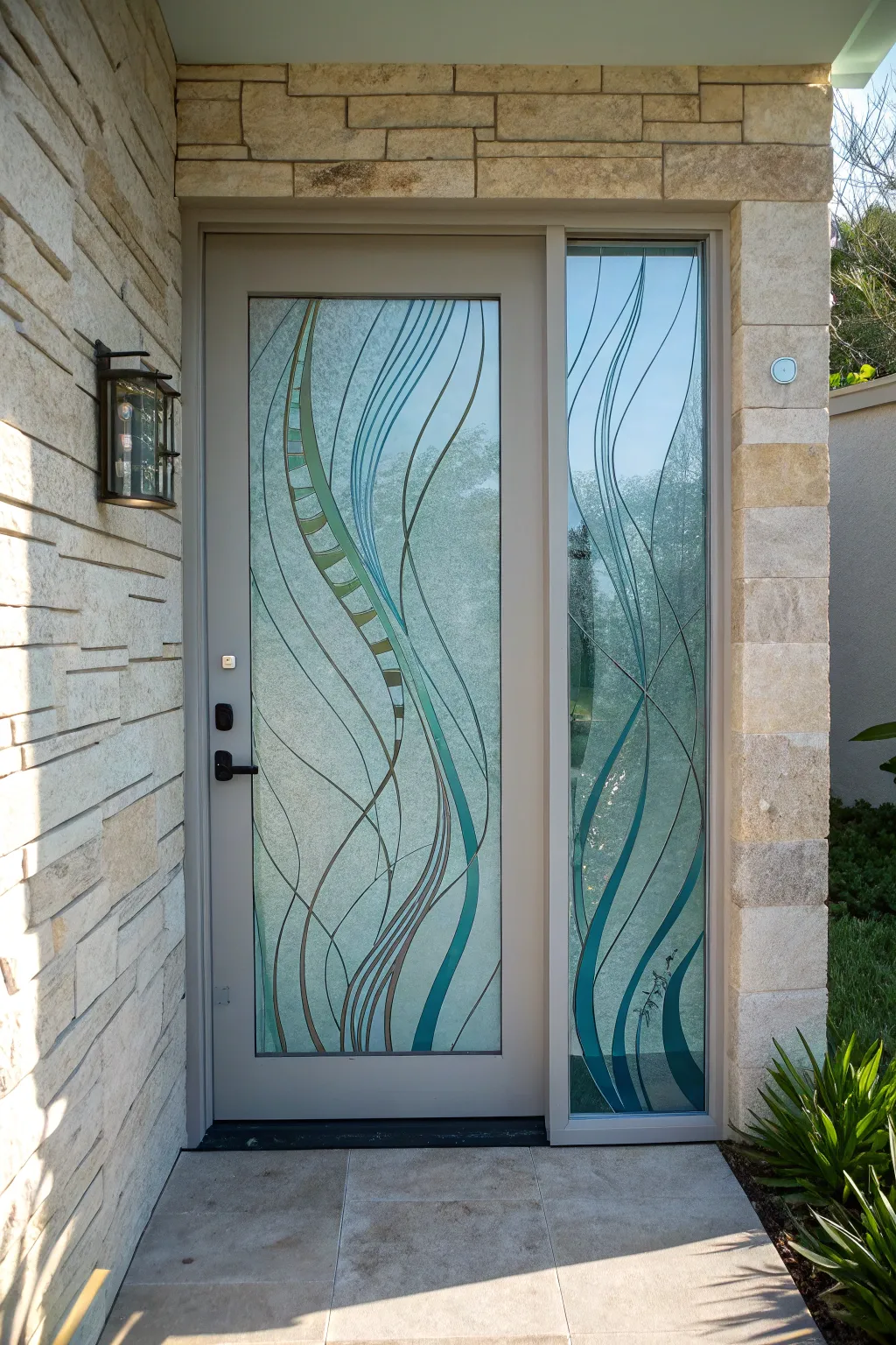 Sunlit glass door painted with flowing sea-glass waves, glowing blues and greens in soft minimal decor.