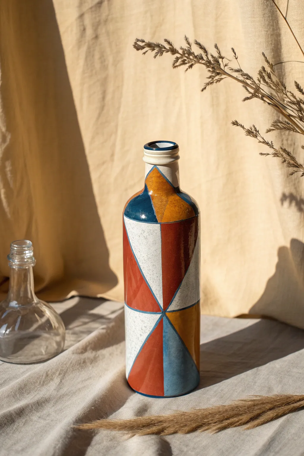 Bold color blocked glass bottle with crisp edges, minimalist styling, and warm boho light.