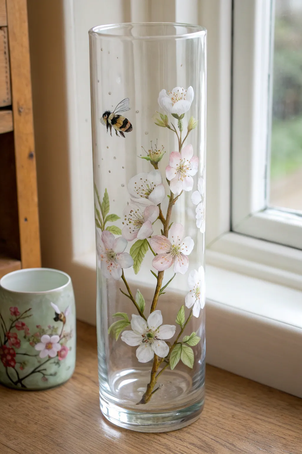 Bee and blossom painted glass vase glowing in soft window light, minimal yet cheerful
