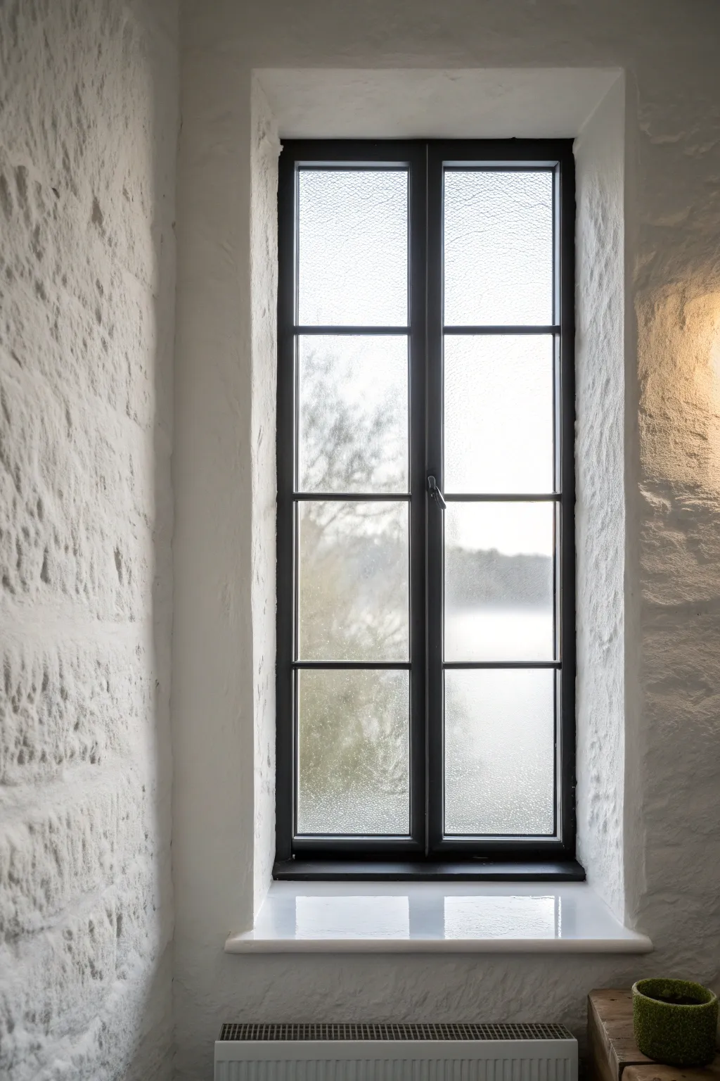 Frosted glass window glow for serene privacy, Scandinavian minimal style with a soft boho calm.