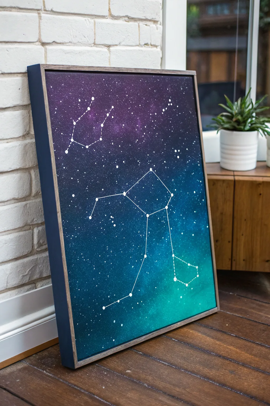 A minimalist night-sky canvas that reveals hidden glowing constellations when the room goes dark