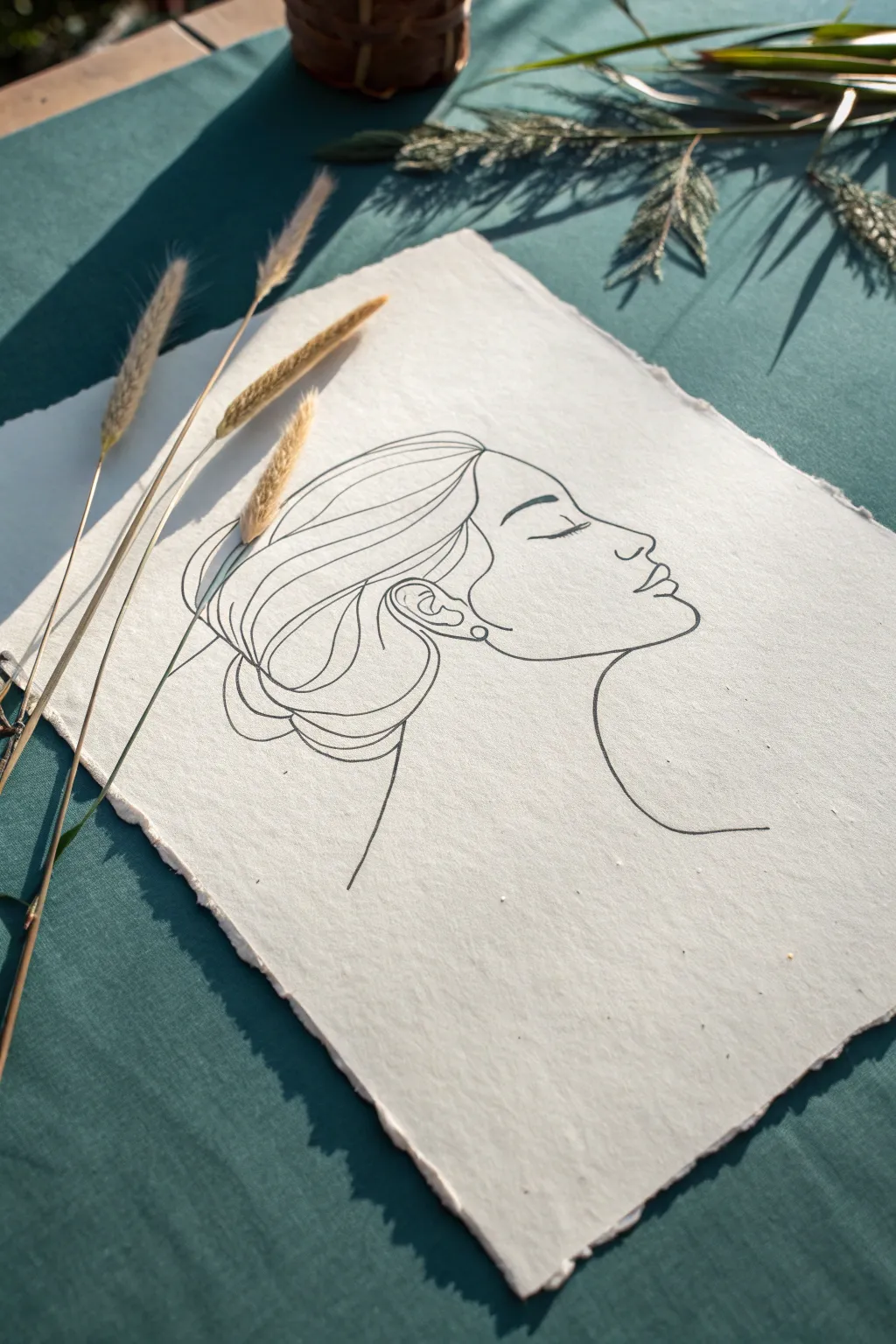 Minimal continuous line profile on handmade paper, a Scandinavian-boho drawing idea.