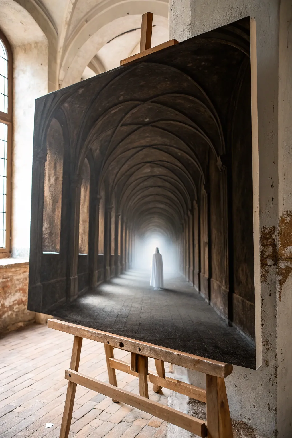 Ghostly hallway gothic painting idea: soft arches, fading figure, bold indigo and amber glow.