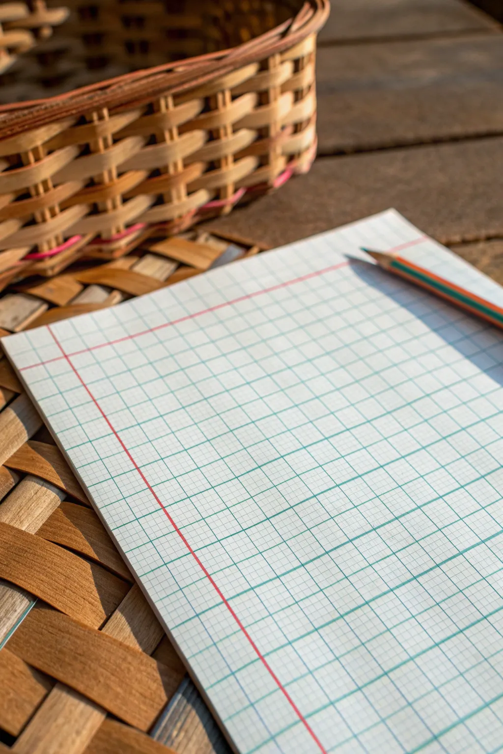 Woven basket illusion on graph paper, bold earthy colors and clean shading for depth