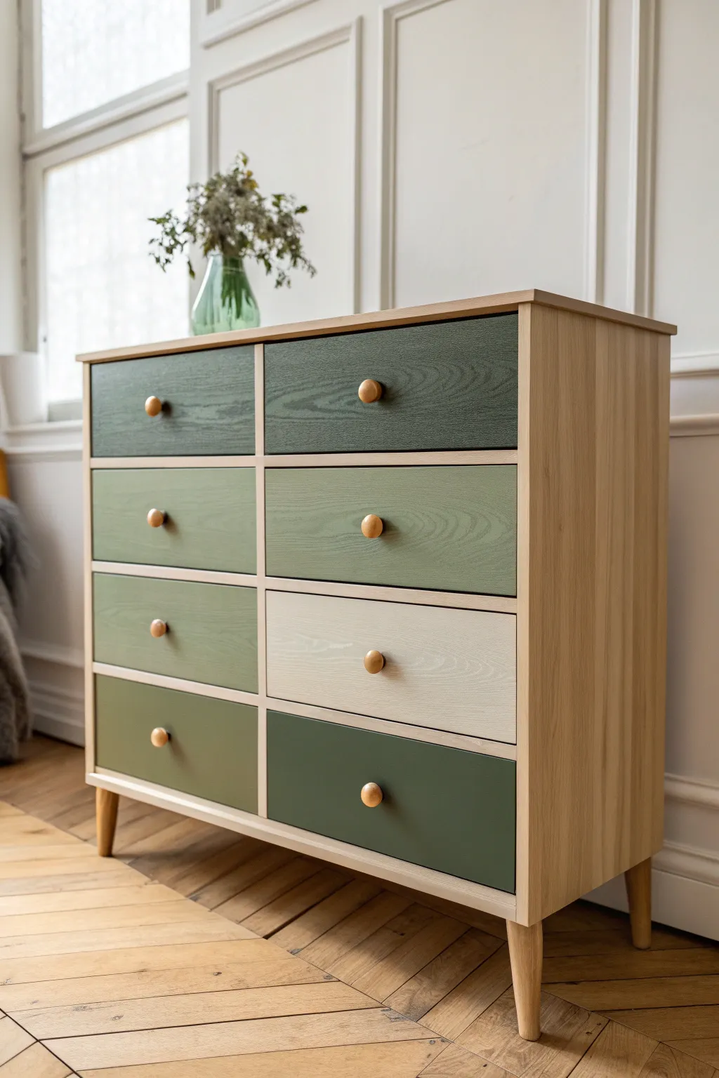 Sage and olive color-blocked drawers for a bold, minimalist green painted dresser moment.