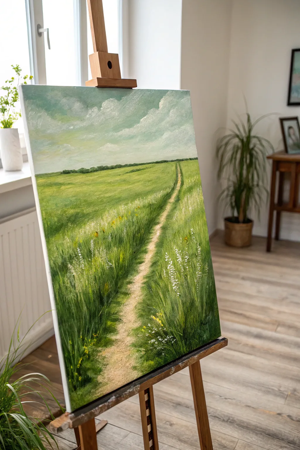 Textured green meadow path on canvas, simple Scandinavian vibes with bold fresh contrast.
