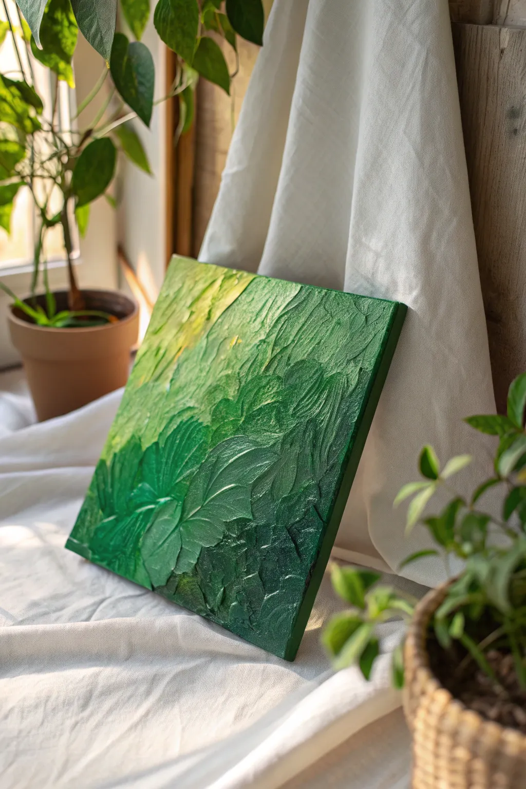 Bold palette knife greens with raised foliage texture and dark underpainting peeking through