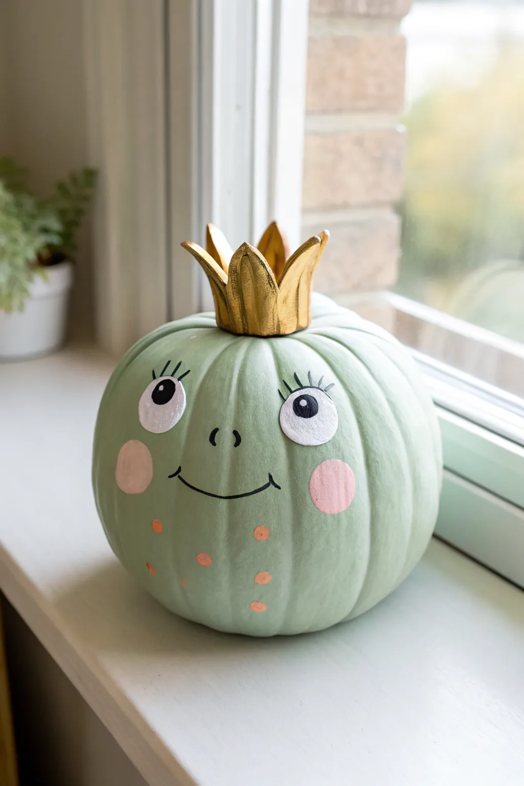 Frog Prince green pumpkin with rosy cheeks and a minimalist gold crown in bright natural light