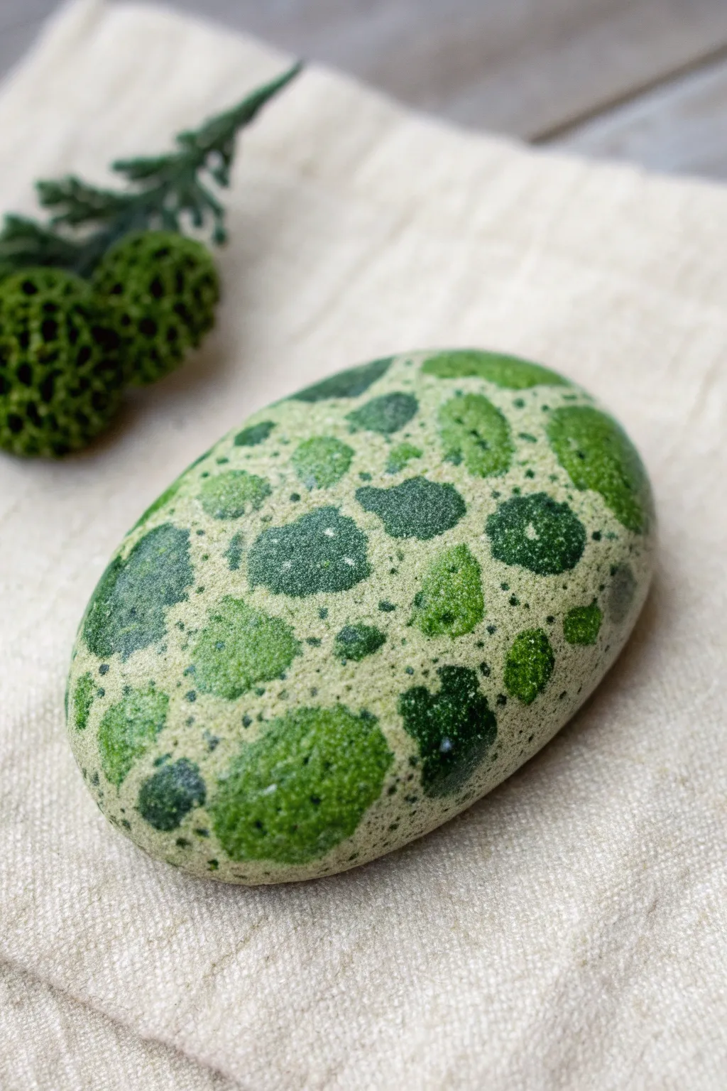 Mossy texture illusion rock in bold greens, styled with minimalist Scandinavian calm.