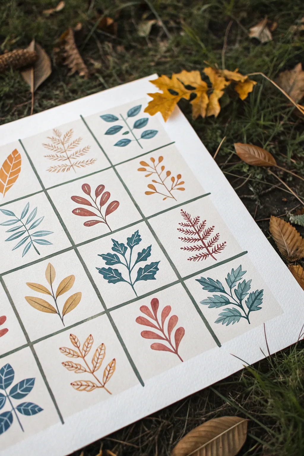 Repeat one simple leaf motif across a grid, changing colors and brushstrokes for endless ideas.
