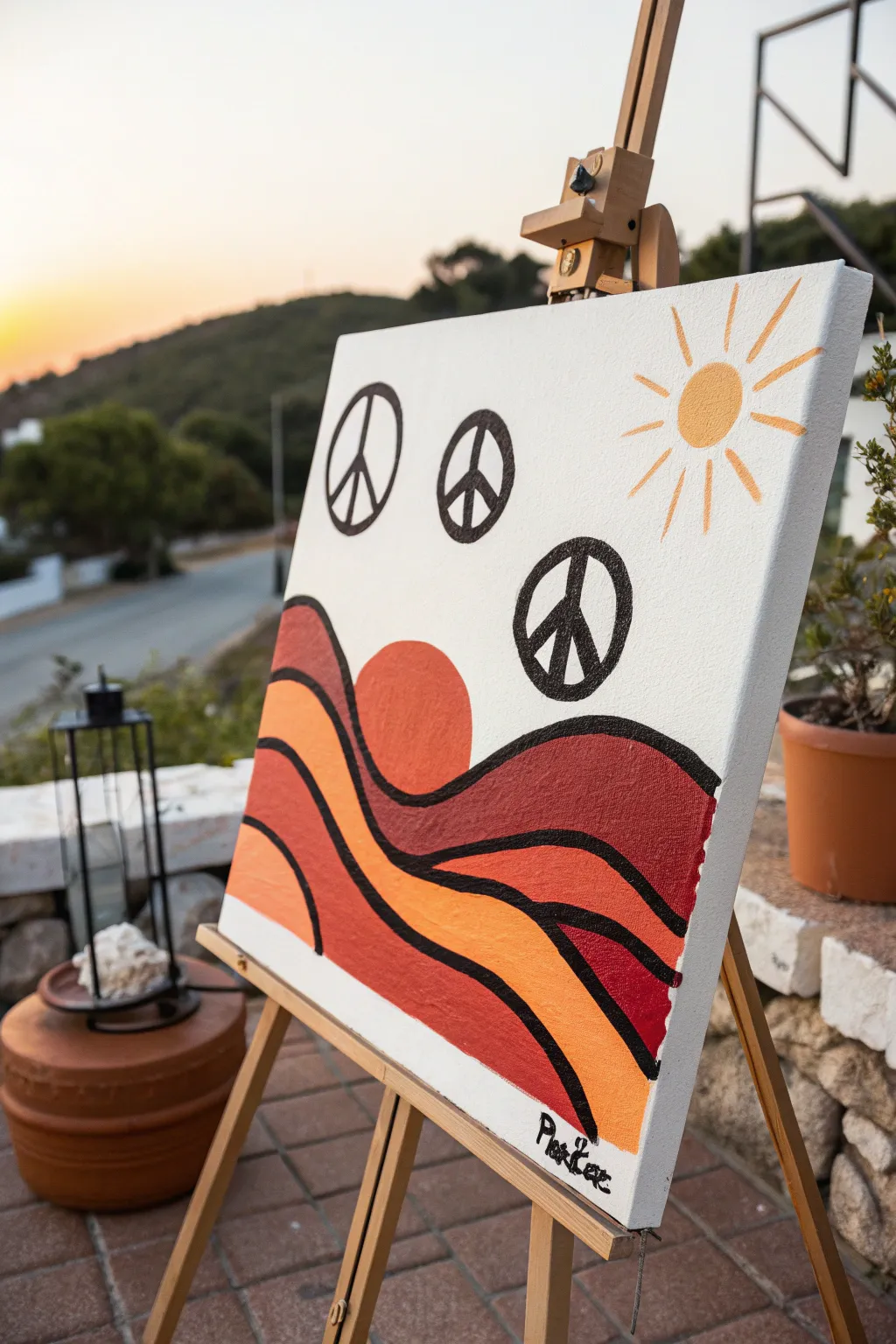 Groovy melting sun painting idea with bold outlines and boho color pops, perfect for beginners