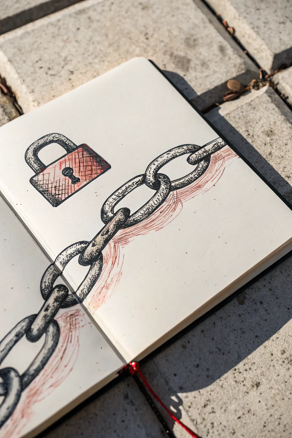 Chunky chain and padlock sketch with gritty crosshatching and a bold rust accent for grunge vibes