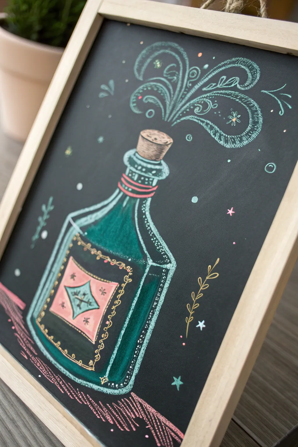 Minimalist Halloween chalk art: one glowing potion bottle with bubbles in bold, cozy colors