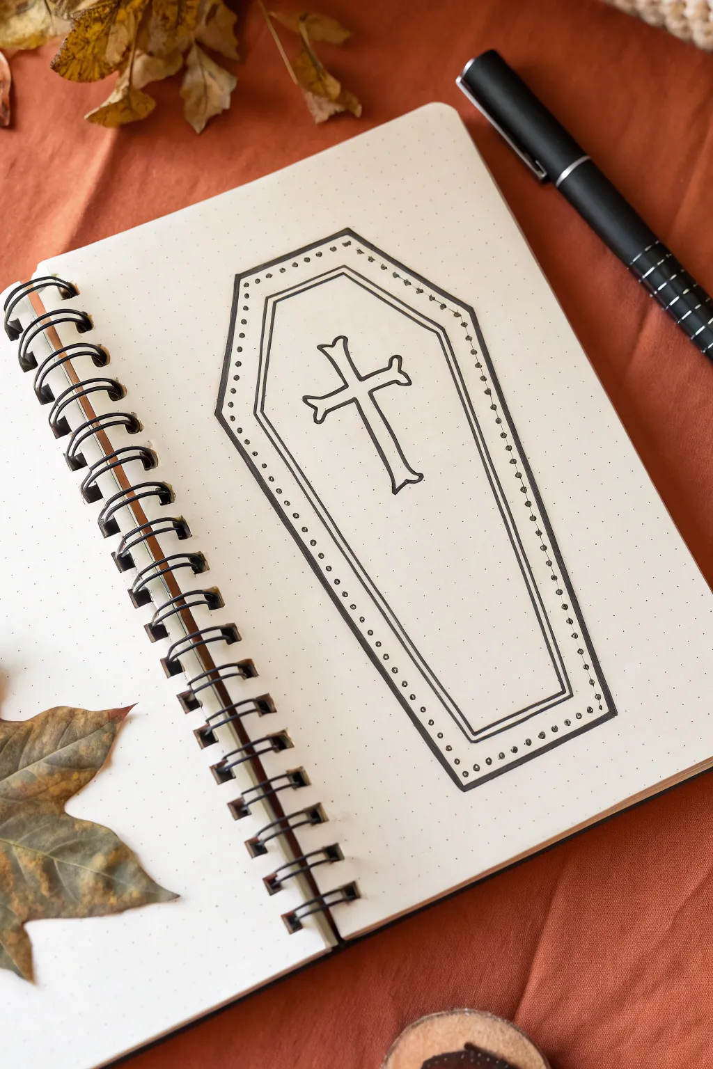 Simple coffin drawing idea: thick clean lines, inner outline for depth, and an easy cross detail.