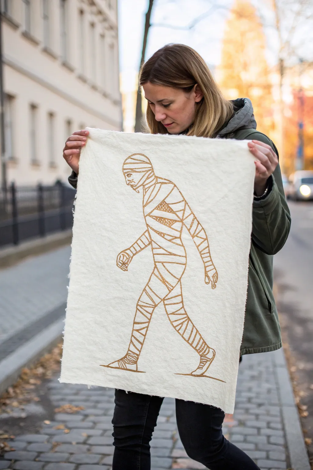 Minimalist mummy sketch with flowing wrap lines, bold accents, perfect for Halloween doodles.