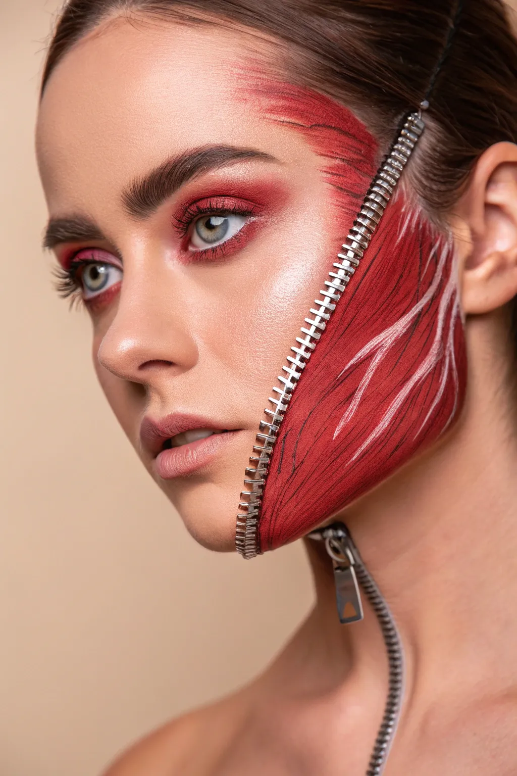 Unzip a terrifyingly chic look. This gore SFX makeup is the perfect mix of scary and glam for Halloween.