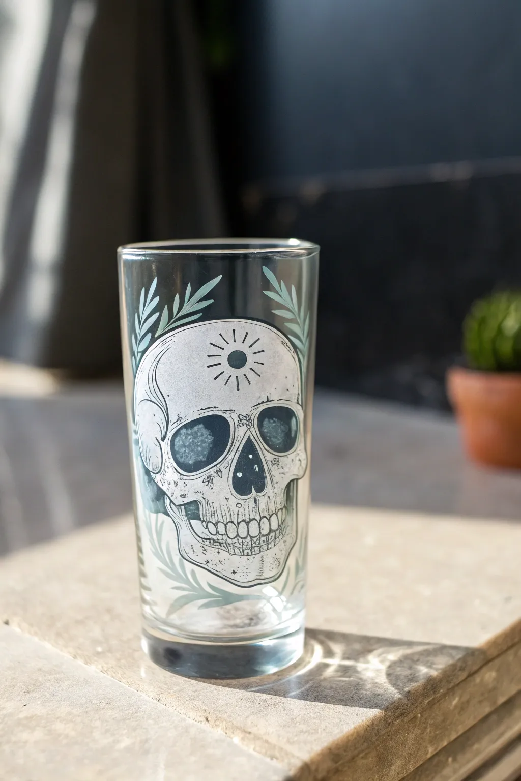 Minimal skull glass painting in soft white and gray, perfect for chic Scandinavian Halloween decor