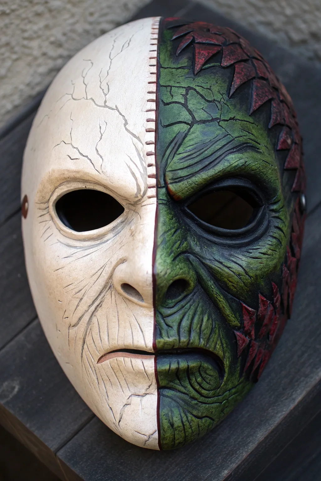 Half human, half monster: a bold split mask design with jagged seam and luxe texture contrast