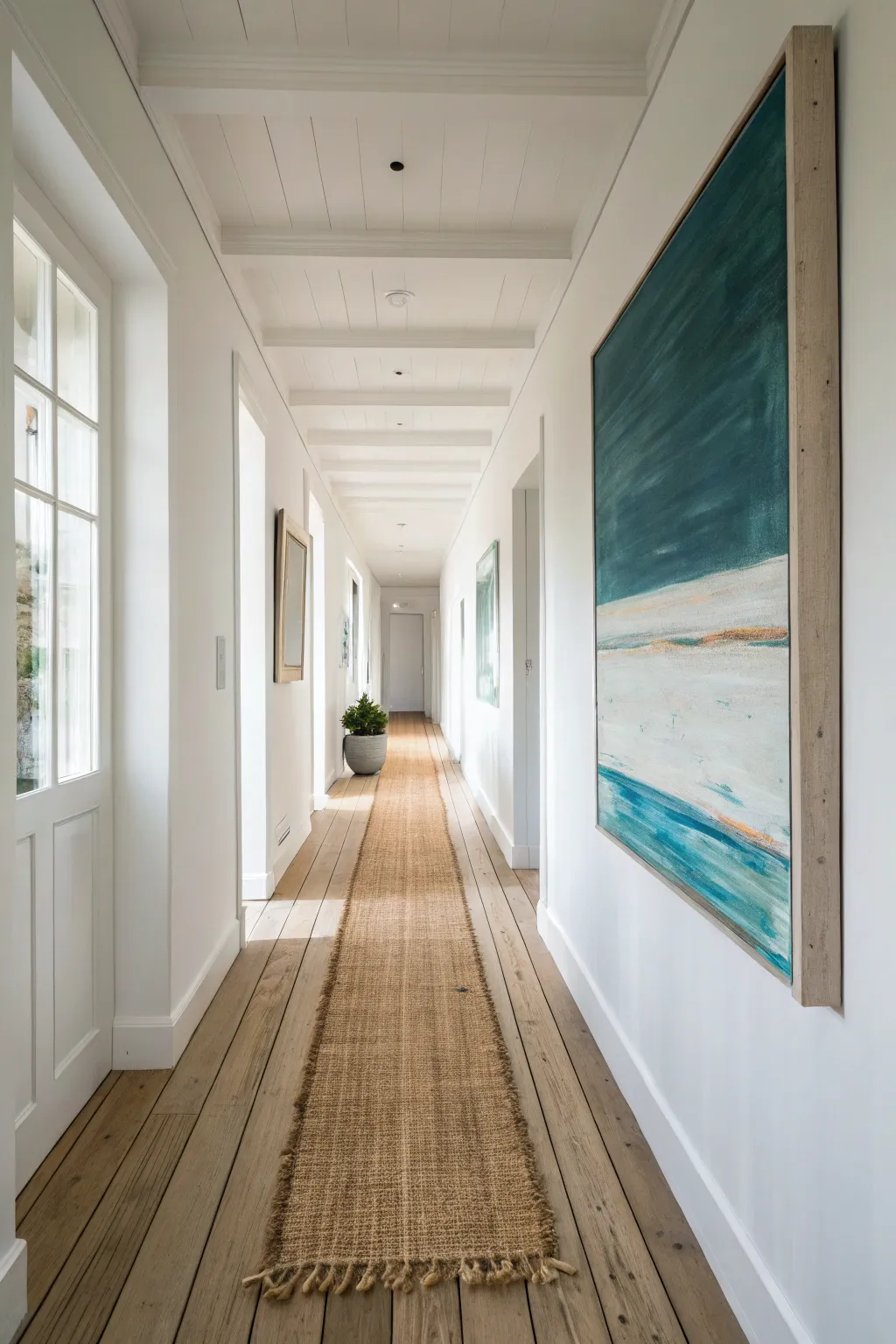 A bold centered artwork at the end wall turns a long hallway into a chic destination.