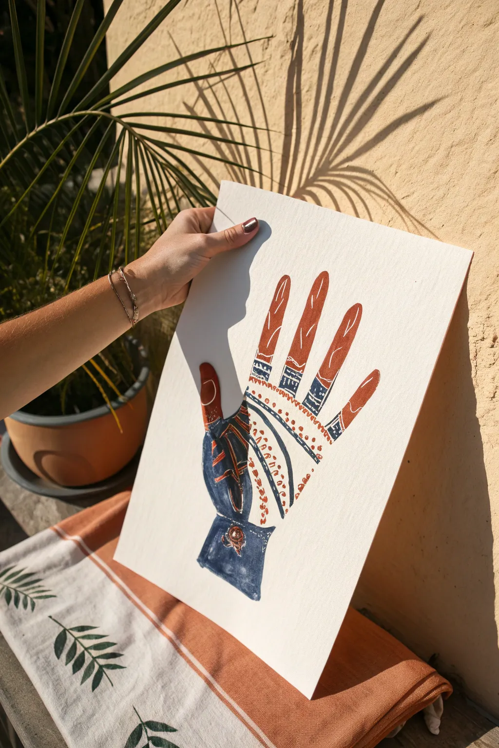 Foreshortened hand sketch: bold palm-forward perspective with clean lines and striking color.