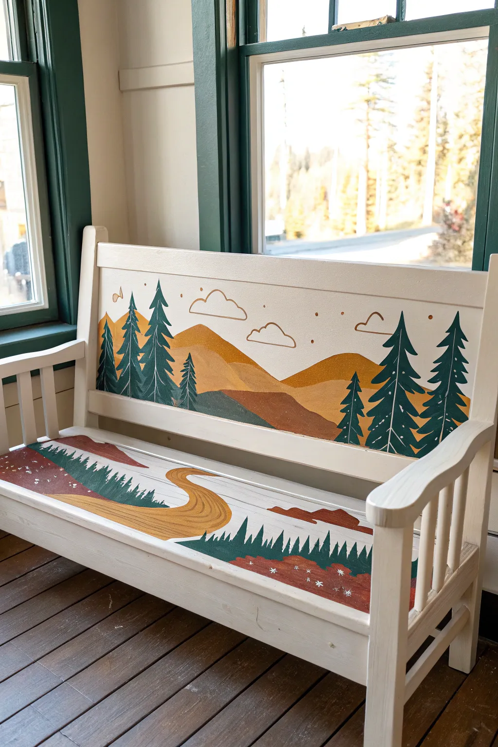 A storybook mural bench backrest with hills, trees, and a path in bold minimalist color.