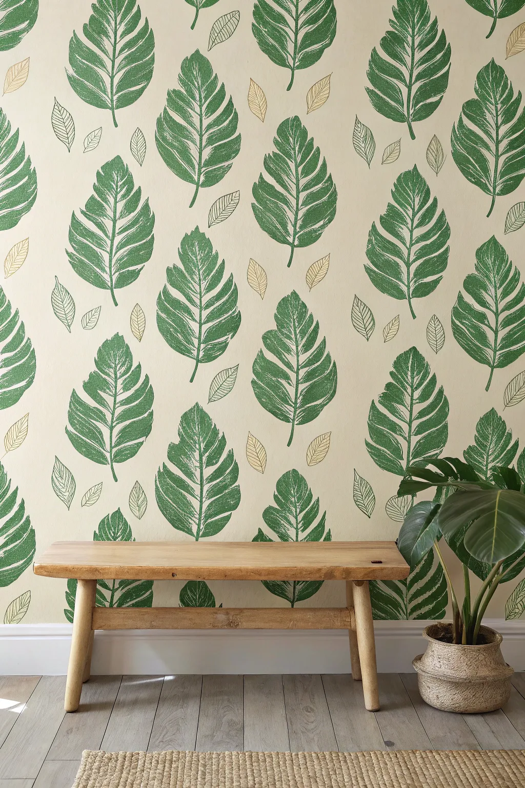 Leaf-stamp faux wallpaper with artisanal brush variation in bold color, clean Scandinavian calm