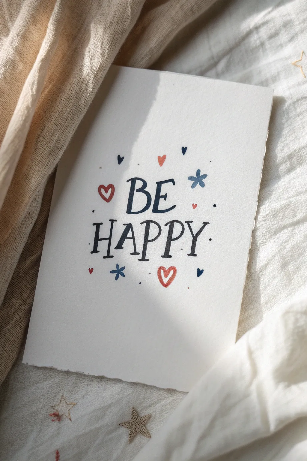 Minimalist be happy typography with tiny hearts, sparkles, and stars in bold Scandi boho style