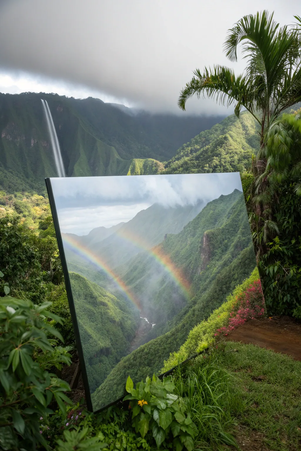 Misty Hawaii rainbow over emerald ridges, painted in bold color on a clean minimal canvas.