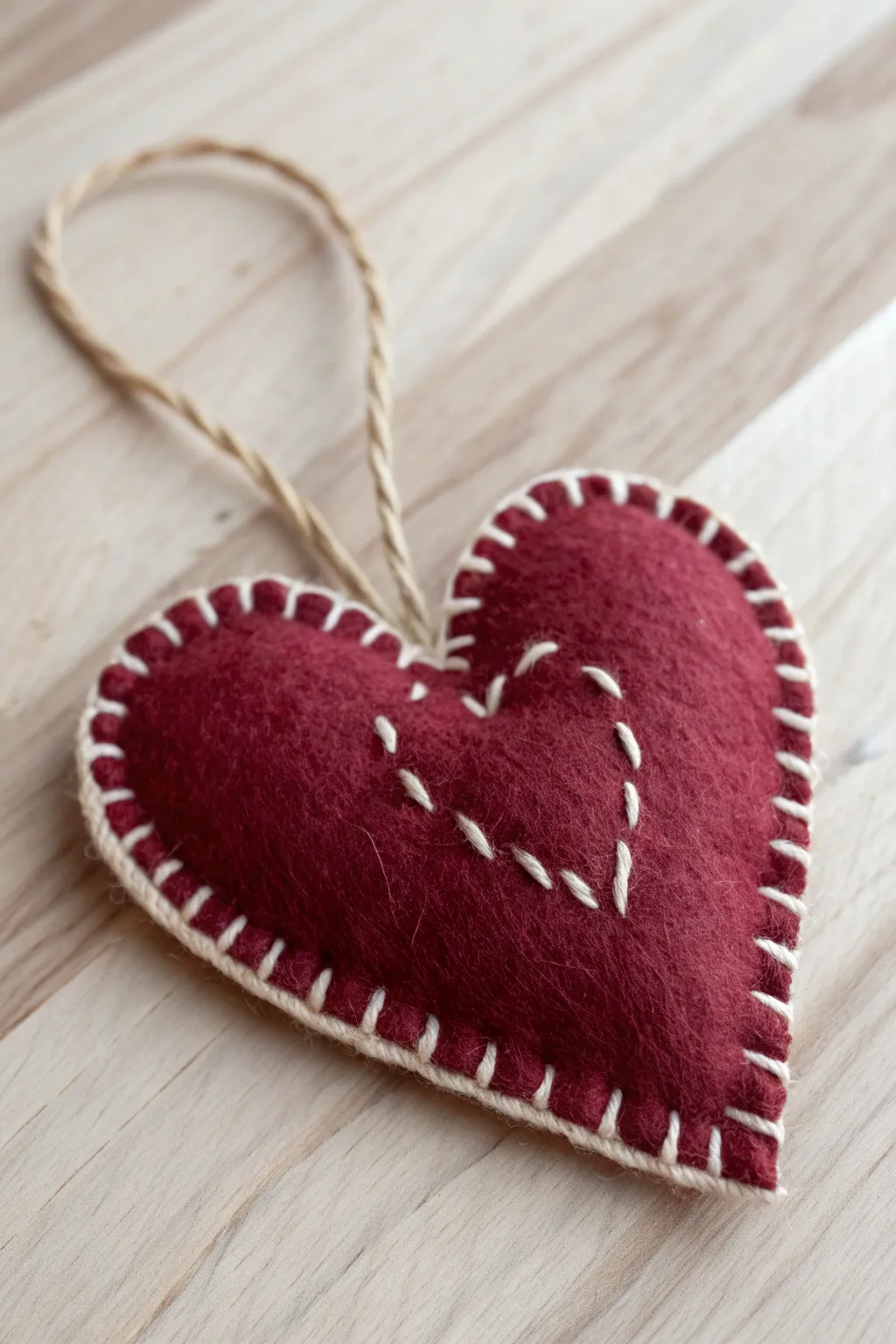 Cozy stitched felt heart ornament with hand-sewn detail, bold red pop, and minimalist warmth