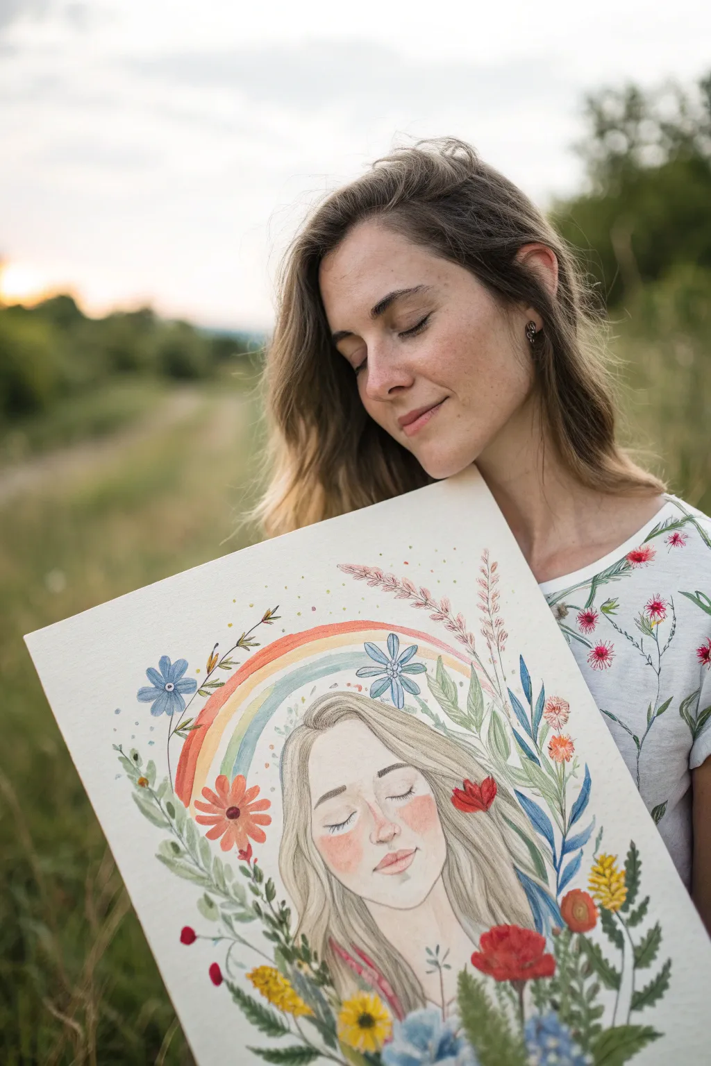 Mother Nature profile with wildflower hair and a soft rainbow haze, minimalist boho color pop.