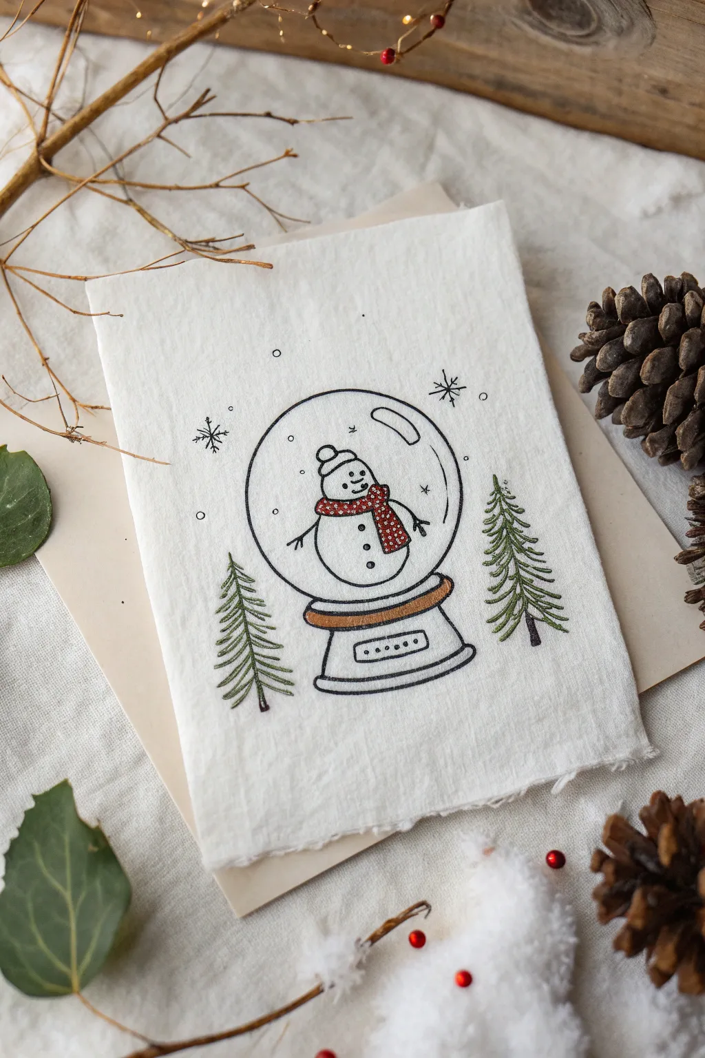 Draw a cute snow globe scene in a circle with bold winter colors and cozy minimalist charm.
