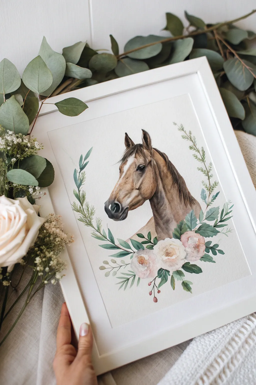 Centered horse portrait with a soft floral frame, minimalist boho palette and striking contrast.
