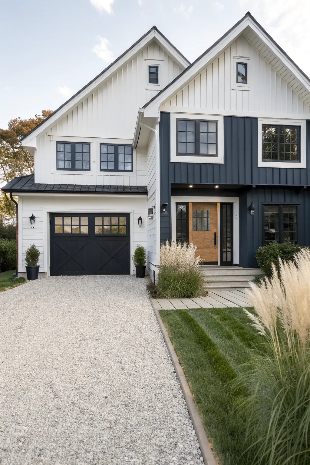Light above, dark below: a crisp two-tone exterior that flatters modern home shapes.