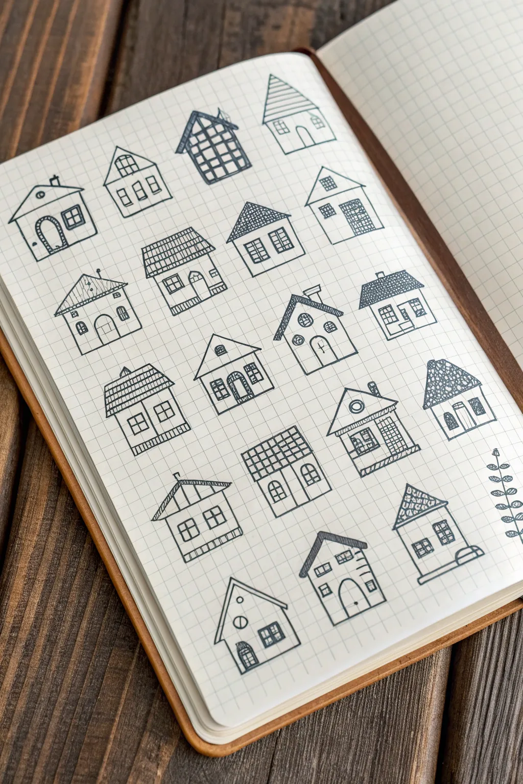 Minimal house doodle icons on a clean sketchbook page, bold lines with subtle boho color pops
