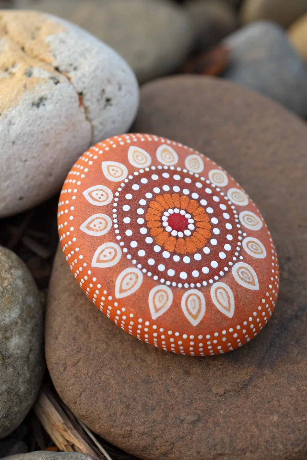 Sunset horizon dot layers on a smooth river rock, bold yet minimalist, perfect for easy painting.