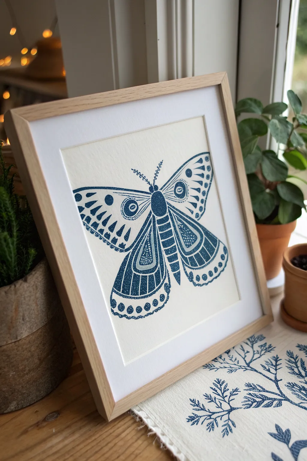 Symmetrical moth linocut idea with repeatable dots, stripes, and scallops in bold ink.