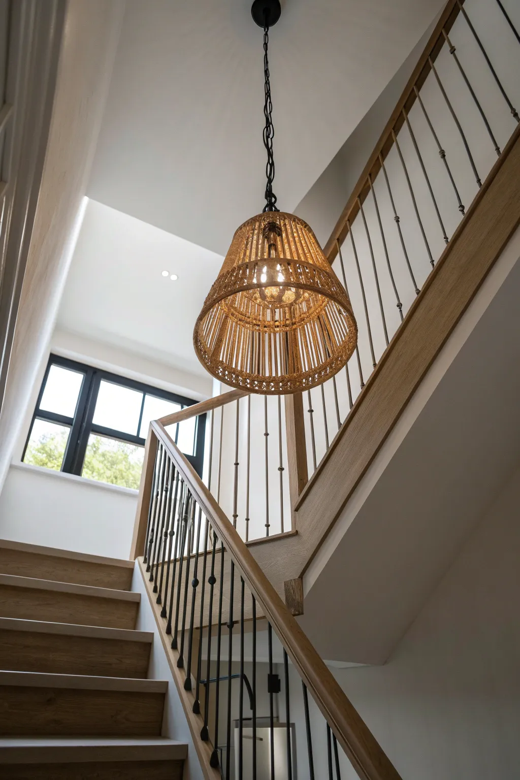 Statement pendant light transforms the stairwell void with warm glow and sculptural contrast.