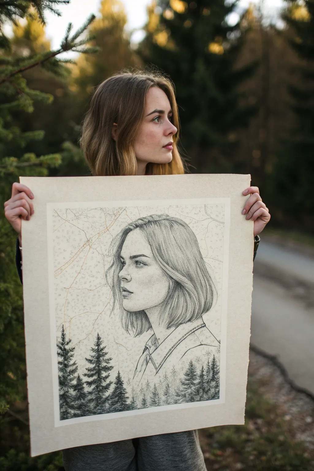 Environment Shapes Me portrait: a face that melts into skyline, forest, and coastline.