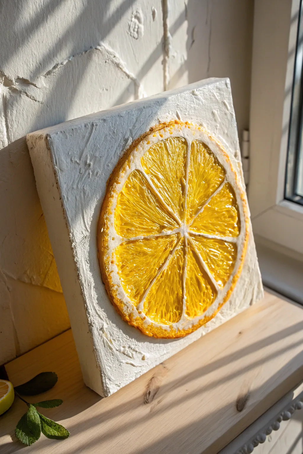 Bold impasto citrus slice with thick pith texture, minimalist backdrop, glowing in side light