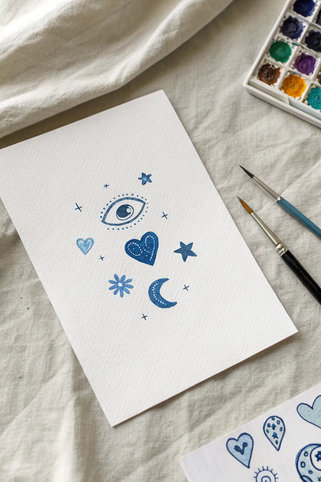 Paint easy sticker-style indie mini icons: eyes, stars, mushrooms and hearts with bold color pops