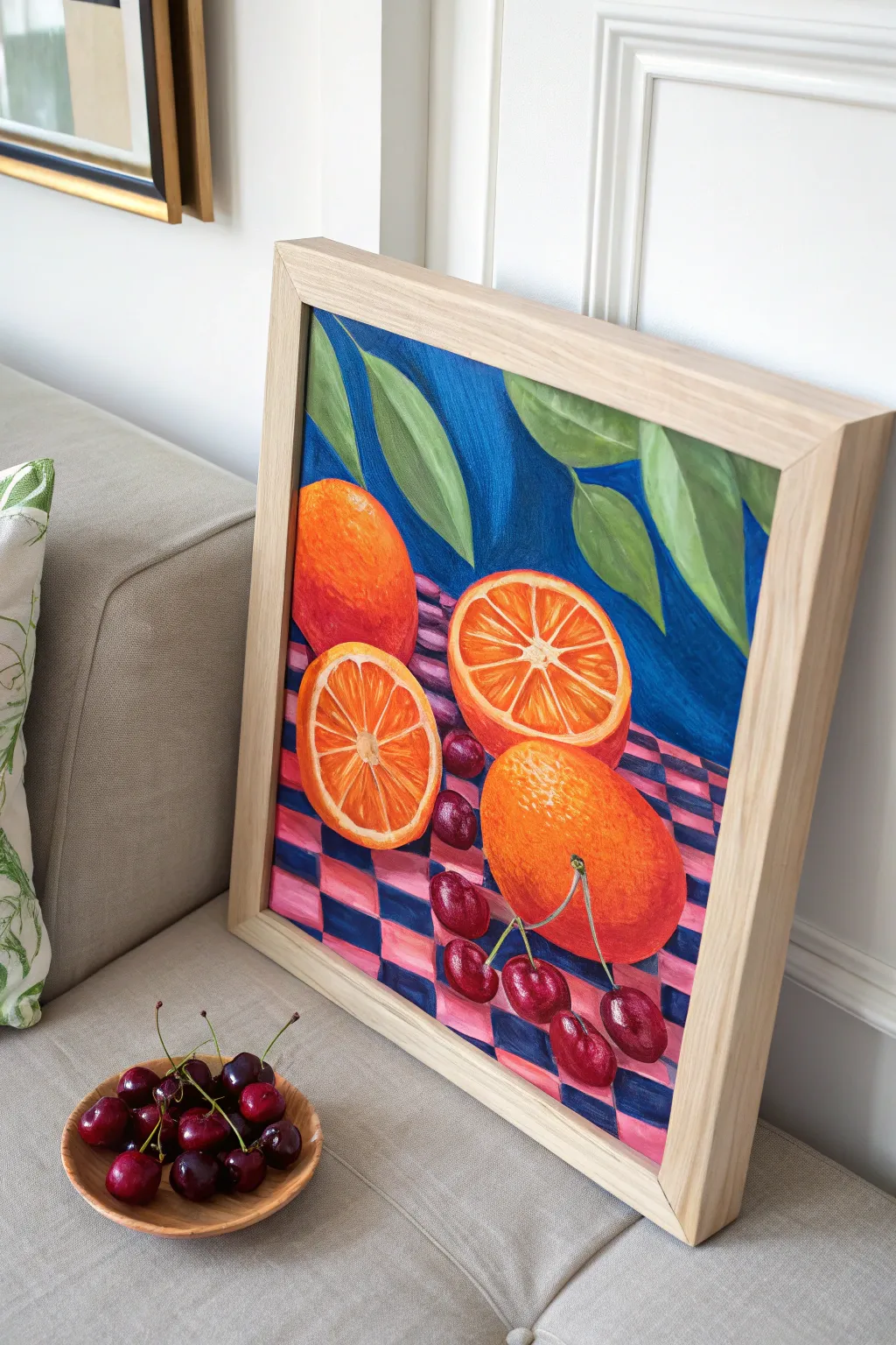 Neon fruit still life with wavy patterned shadows, minimalist palette, big indie painting energy.
