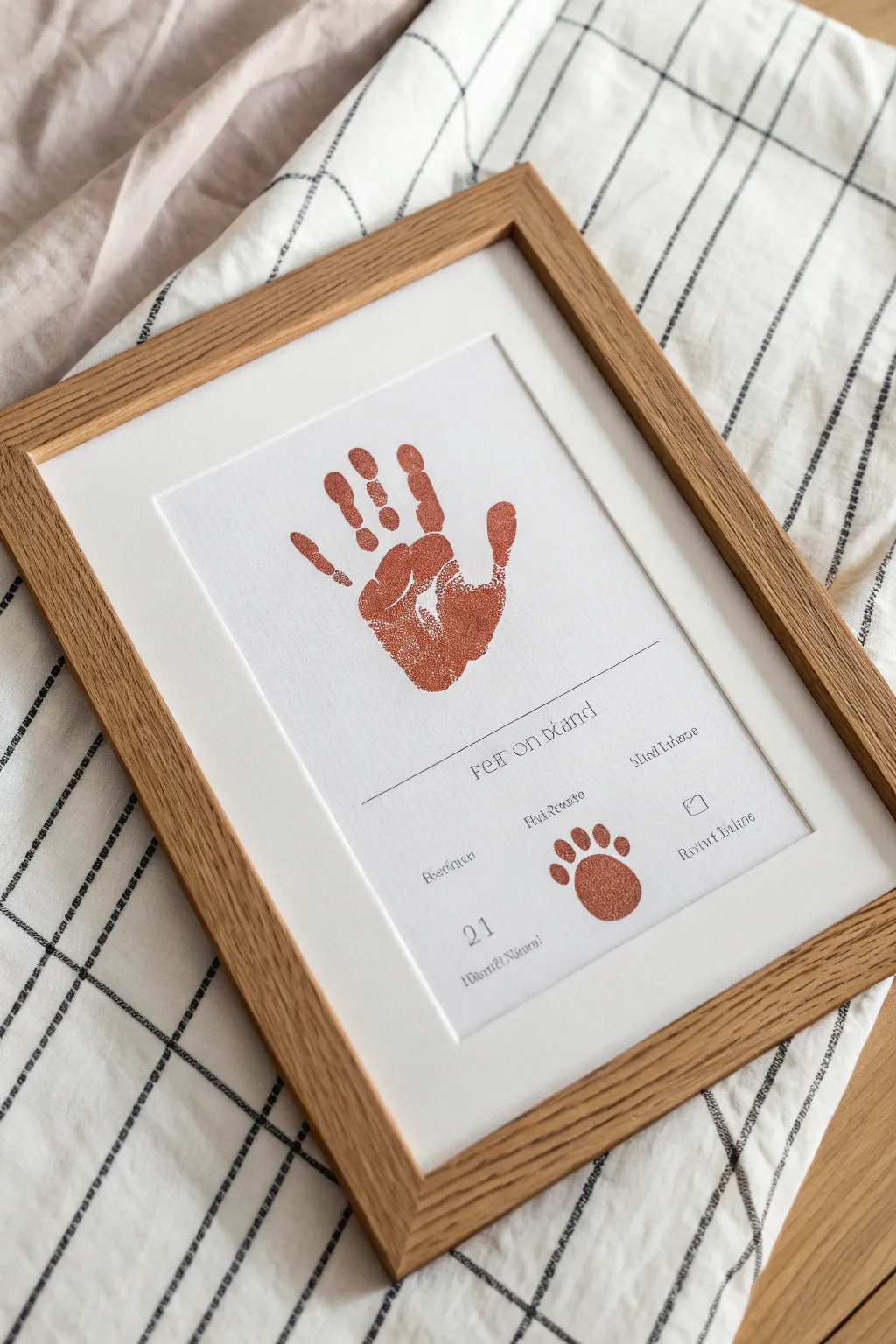 Minimalist birth keepsake print with tiny hand and footprint, Scandinavian boho styling
