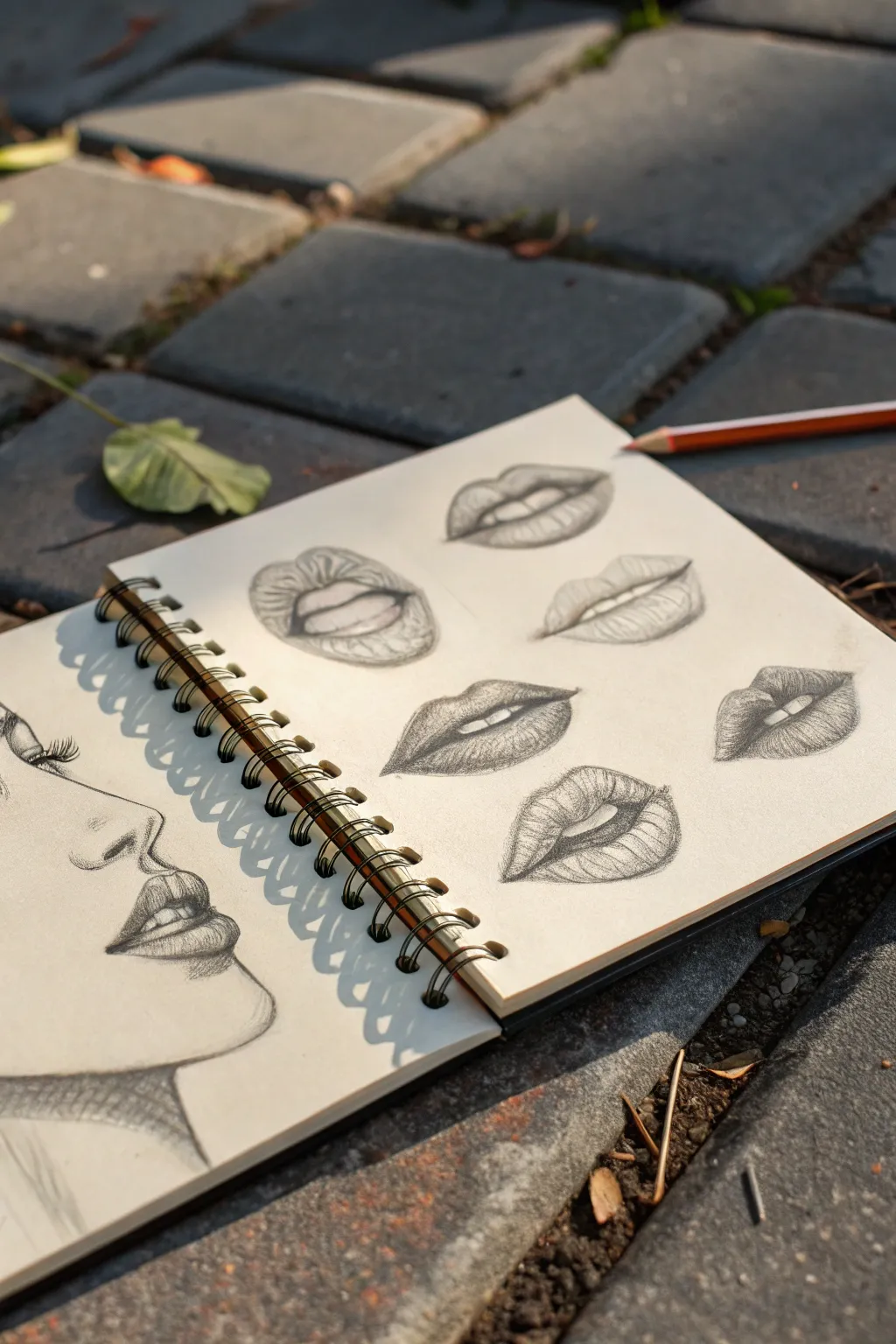 Nose and lips mini studies in a clean sketchbook layout to refine edge control and form turns.