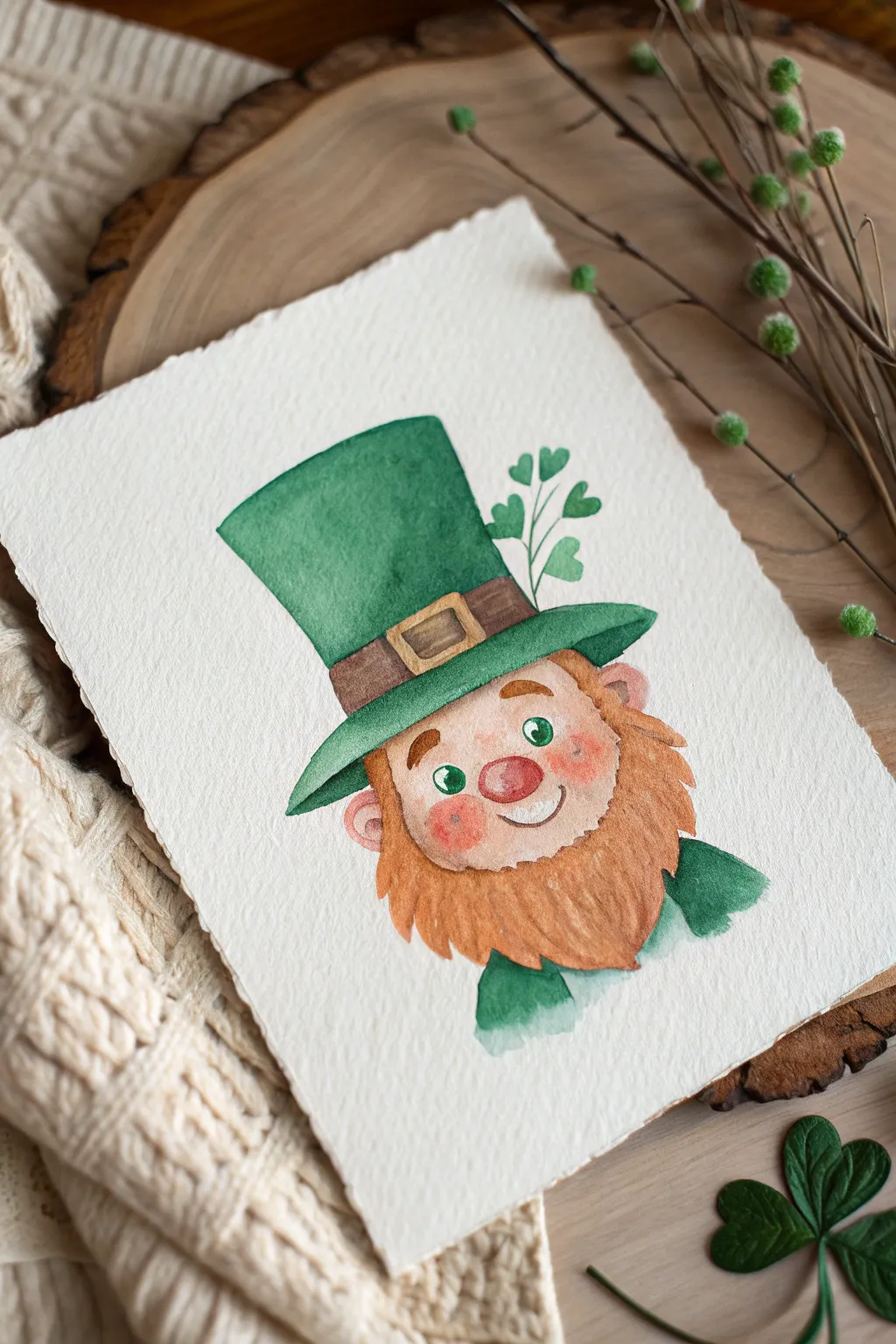 Whimsical leprechaun portrait in simple watercolor style with bold green and warm, rosy tones