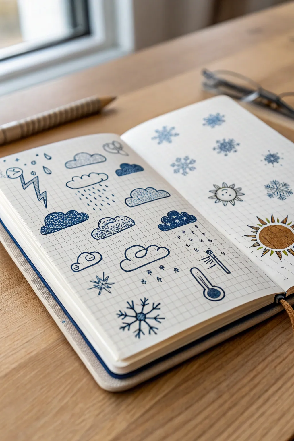 Neat January weather icon doodles in a minimalist grid, bold winter hues on crisp paper