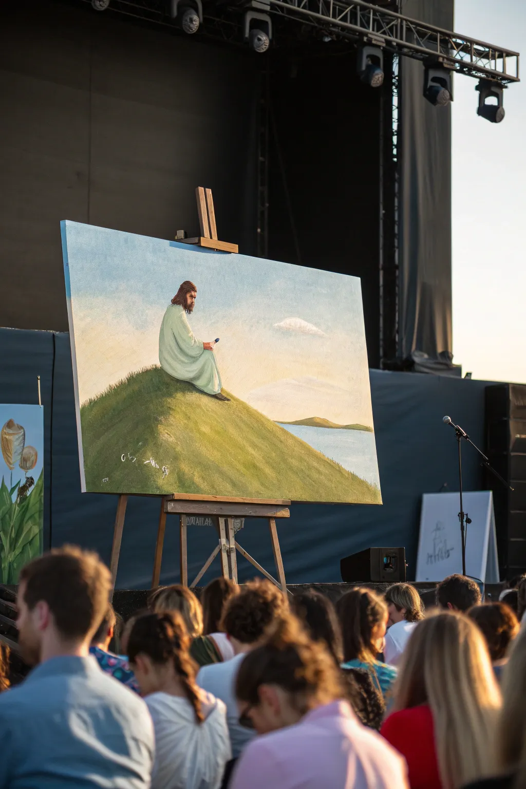 Airy hillside sermon canvas in Scandinavian boho minimal style, bold greens and warm light